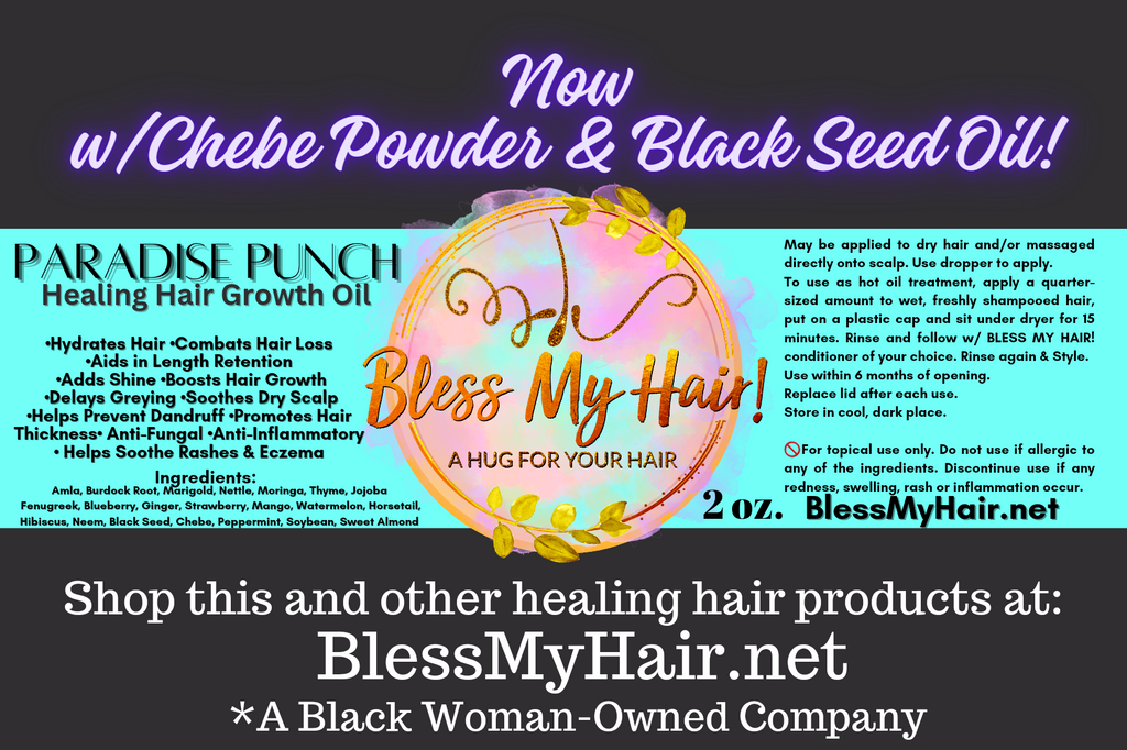 This amazingly fruity essential oil blend has anti-fungal and anti- inflammatory properties without the medicinal smell! Passion Punch Healing Hair Growth Oil combines Amla, Burdock, Marigold, Nettle, Rosemary, Moringa, Thyme, Fenugreek, Chebe, Blueberry, Mango, Strawberry, Watermelon, Peppermint, Soybean, Sweet Almond…